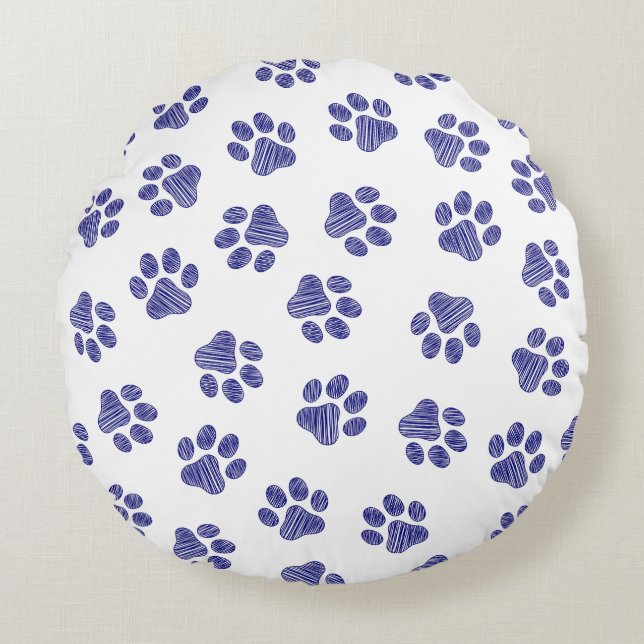 Doodle Paws, Dog Paws, Navy Blue Paws Round Cushion (Front)