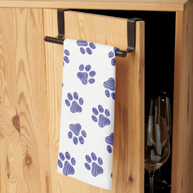 Doodle Paws, Dog Paws, Navy Blue Paws Tea Towel (Thirds Fold)