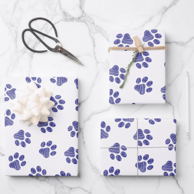 Doodle Paws, Dog Paws, Navy Blue Paws Wrapping Paper Sheet (Front)
