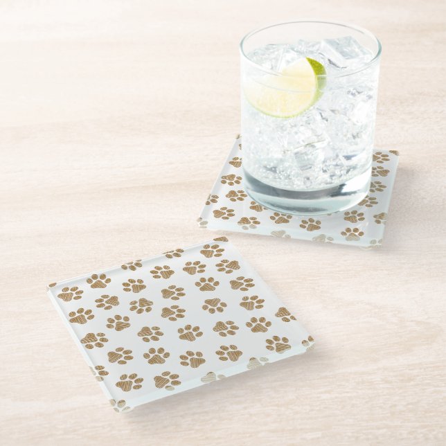 Doodle Paws, Dog Paws, Orange Gold Paws Glass Coaster (Angled)
