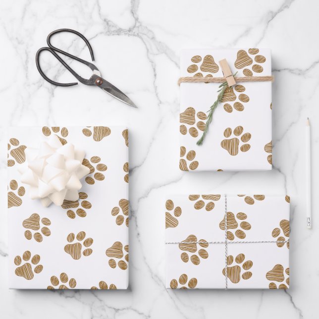 Doodle Paws, Dog Paws, Orange Gold Paws Wrapping Paper Sheet (Front)