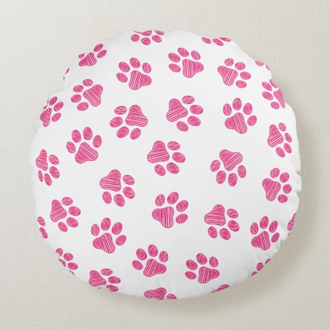 Doodle Paws, Dog Paws, Pink Paws Round Cushion (Front)