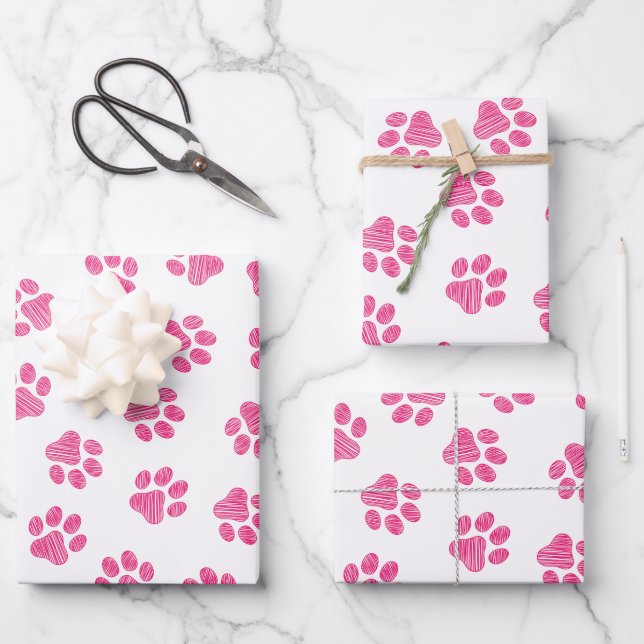 Doodle Paws, Dog Paws, Pink Paws Wrapping Paper Sheet (Front)