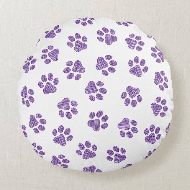 Doodle Paws, Dog Paws, Purple Paws Round Cushion (Front)