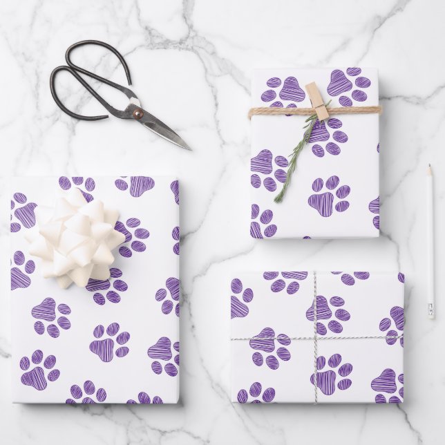 Doodle Paws, Dog Paws, Purple Paws Wrapping Paper Sheet (Front)