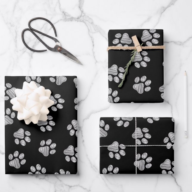 Doodle Paws, Dog Paws, White Paws Wrapping Paper Sheet (Front)