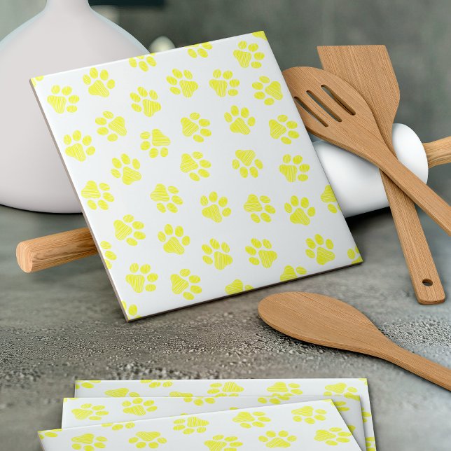 Doodle Paws, Dog Paws, Yellow Paws Ceramic Tile (Creator Uploaded)