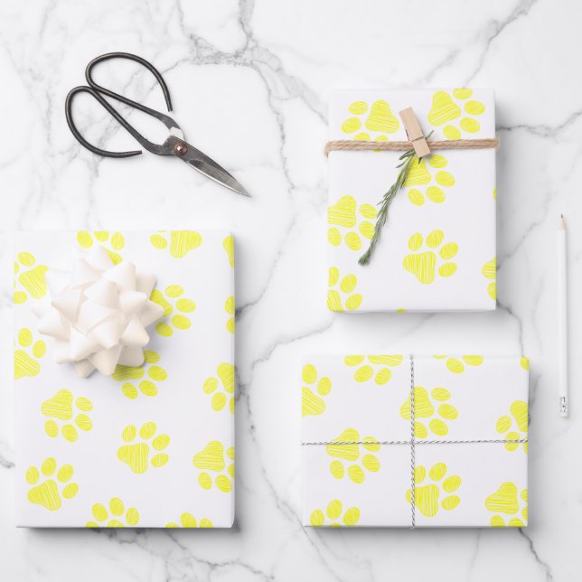 Doodle Paws, Dog Paws, Yellow Paws Wrapping Paper Sheet (Front)