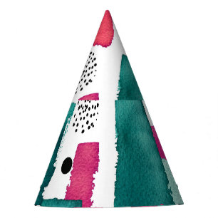 Doodle pink and green watercolor lines. party hat