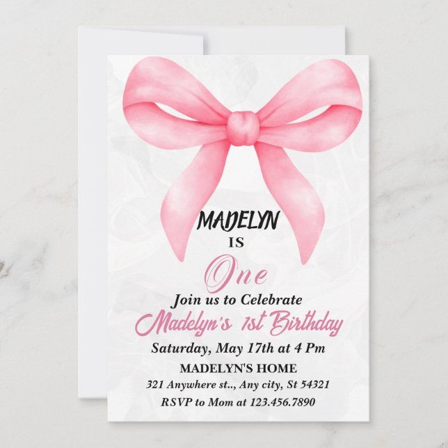 Doodle Pink Bow Baby Girl 1st Birthday Invitation (Front)