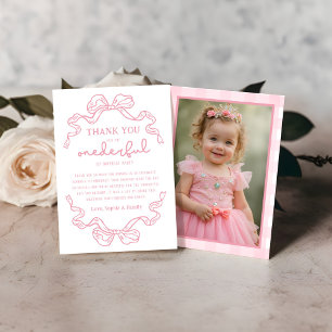 Doodle Pink Bow Baby Girl 1st Birthday Photo Thank You Card