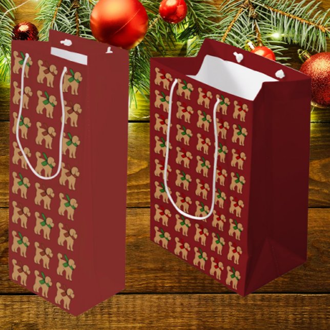 Doodle Puppy Dog Christmas Holiday Medium Gift Bag (Tan pups with green scarves on red)