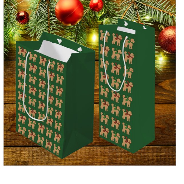 Doodle Puppy Dog Christmas Holiday Medium Gift Bag (Tan puppies on green)