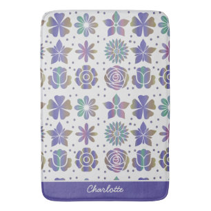 Doodle purple floral pattern personalised name  bath mat
