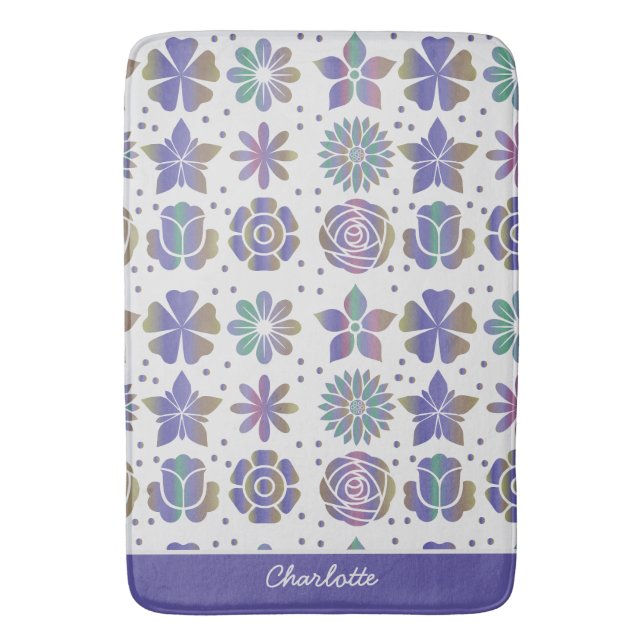 Doodle purple floral pattern personalised name  bath mat (Front Vertical)