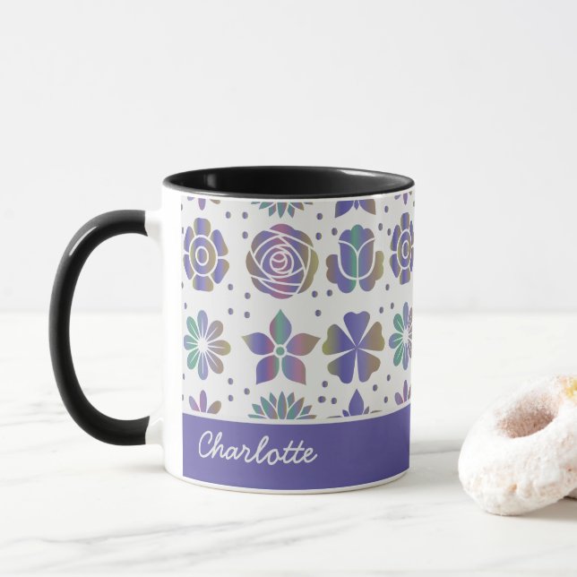 Doodle purple floral pattern personalised name  mug (With Donut)