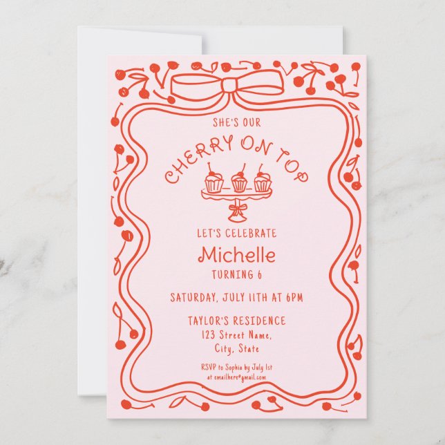 Doodle Red  Pink Bow Cherry on Top Girl Birthday Invitation (Front)