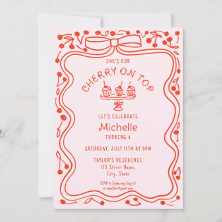 Doodle Red  Pink Bow Cherry on Top Girl Birthday Invitation