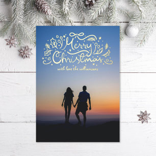 Doodle Ribbon Merry Christmas Festive Photo Foil Holiday Card