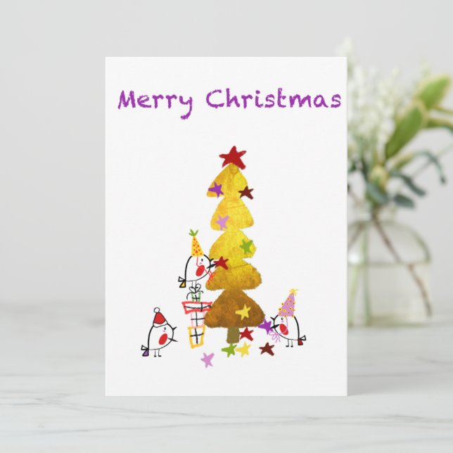 Doodle Robins Golden Tree | Christmas Card (Standing Front)