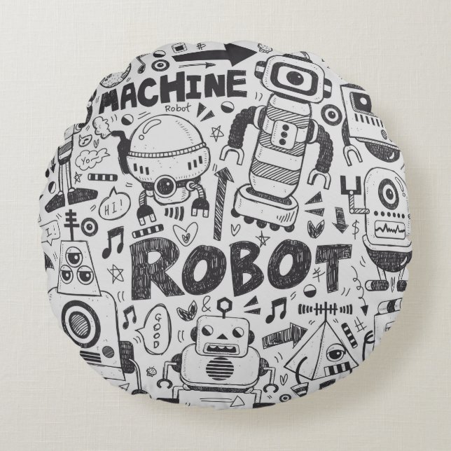 doodle robot element, illustrator line tools drawi round cushion (Front)