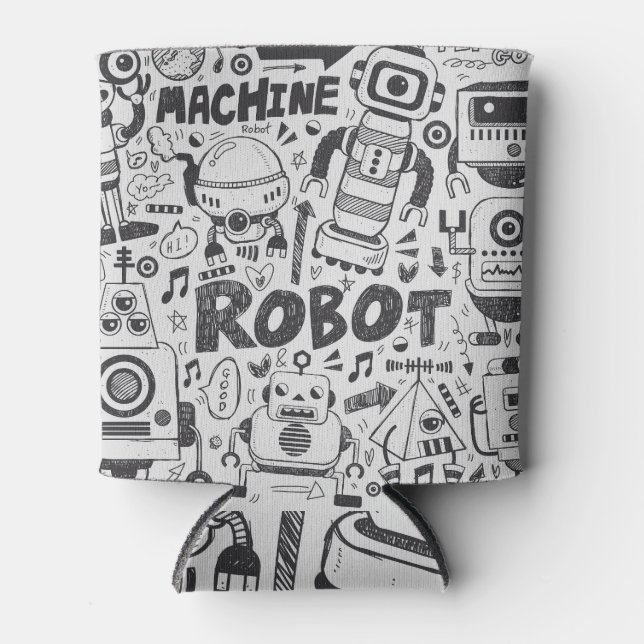 Doodle Robot Illustrator Drawing Can Cooler (Front)