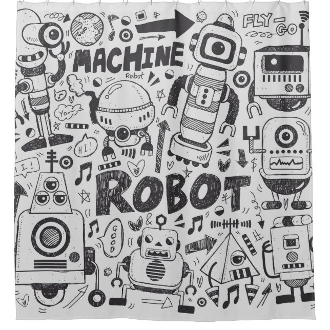 Doodle Robot Illustrator Drawing Shower Curtain (Front)