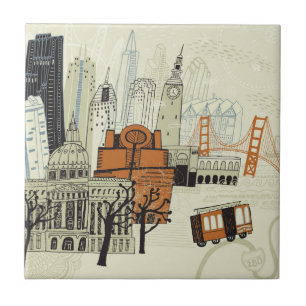 Doodle San Francisco Scene Ceramic Tile