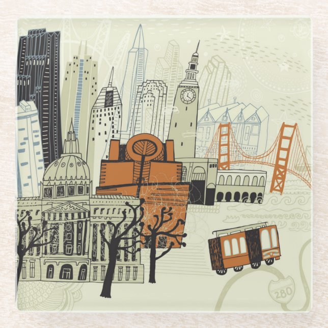 Doodle San Francisco Scene Glass Coaster (Front)