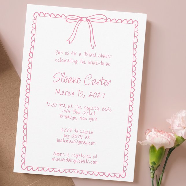 Doodle Scalloped Border Coquette Bow Bridal Shower Invitation (Creator Uploaded)