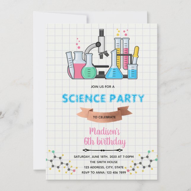 Doodle science birthday invitation (Front)