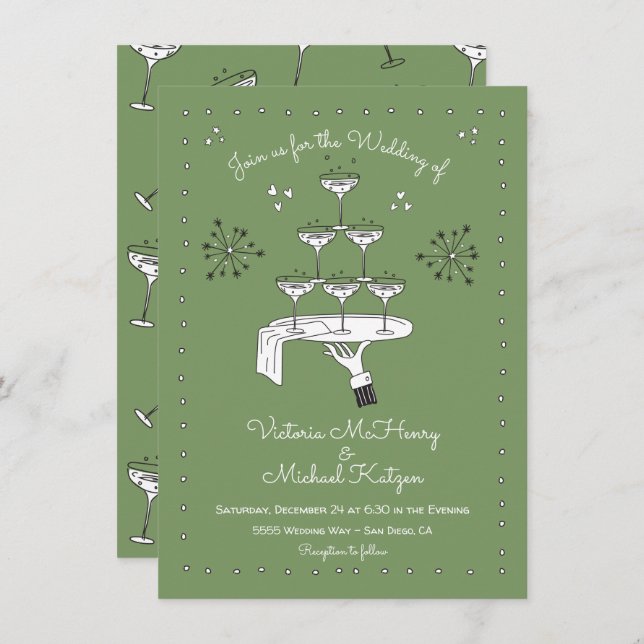 Doodle Sketch Funky Champagne Wedding Invitation (Front/Back)
