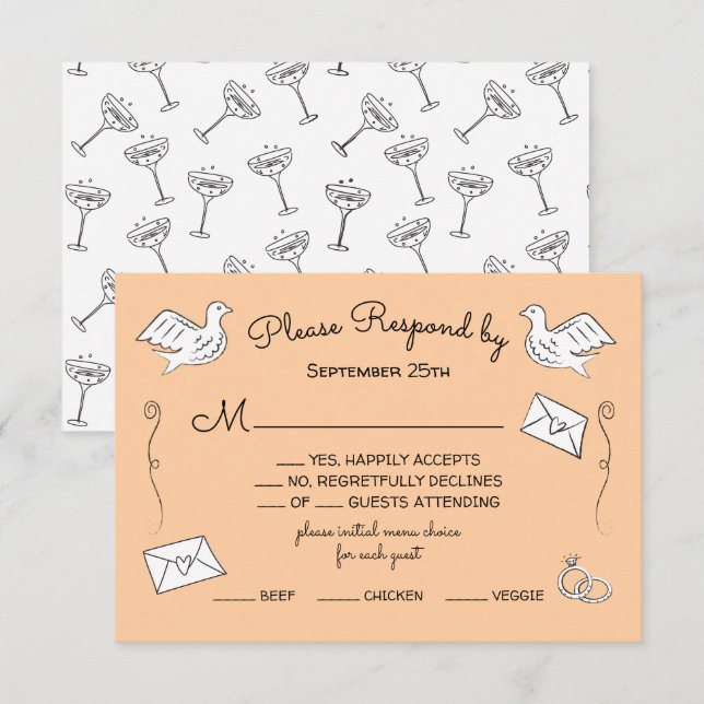 Doodle Sketch Funky love birds wedding rings RSVP Invitation (Front/Back)