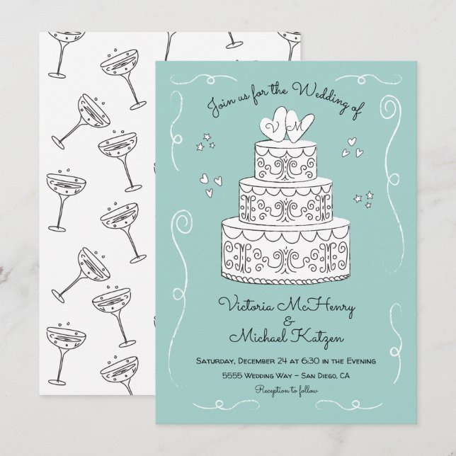 Doodle Sketch Funky Wedding Cake Invitation (Front/Back)