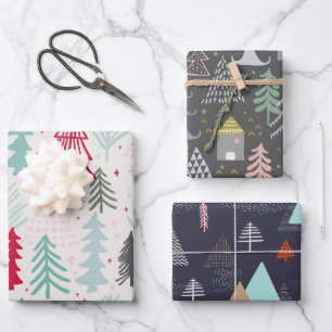 Doodle Sketch Skandi Christmas Trees Set of 3 Wrapping Paper Sheet