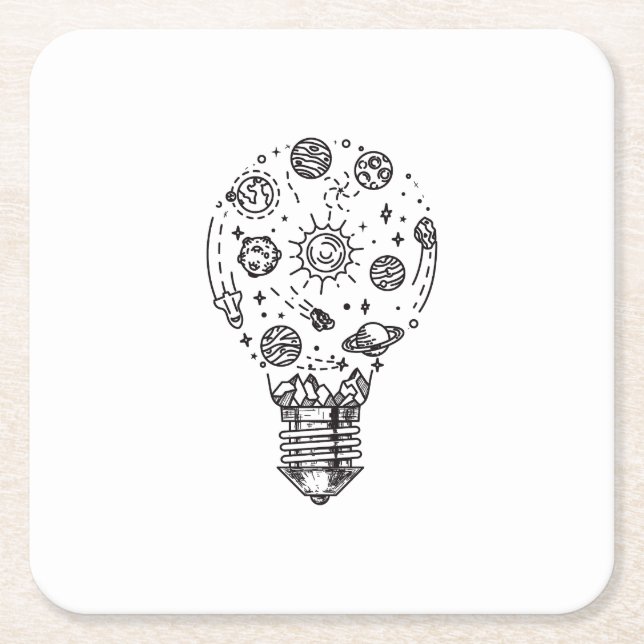 Doodle Solar System in Bulb Square Paper Coaster (Front)
