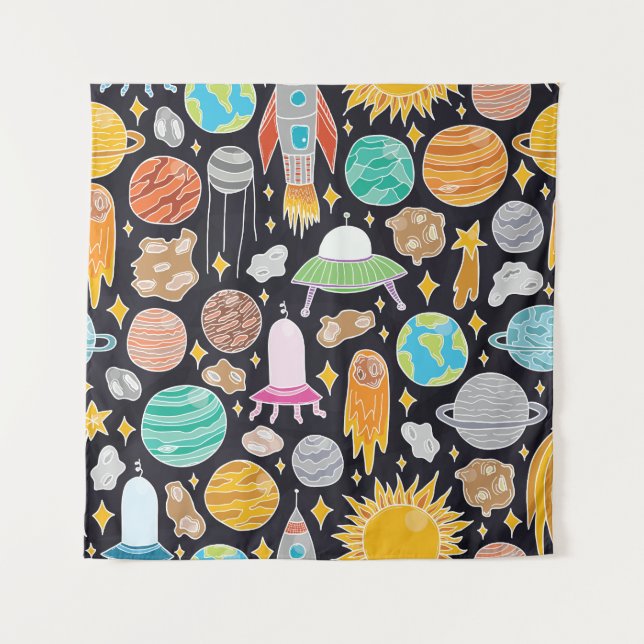 Doodle Space: Hand-Drawn Vintage Cosmos. Tapestry (Front)