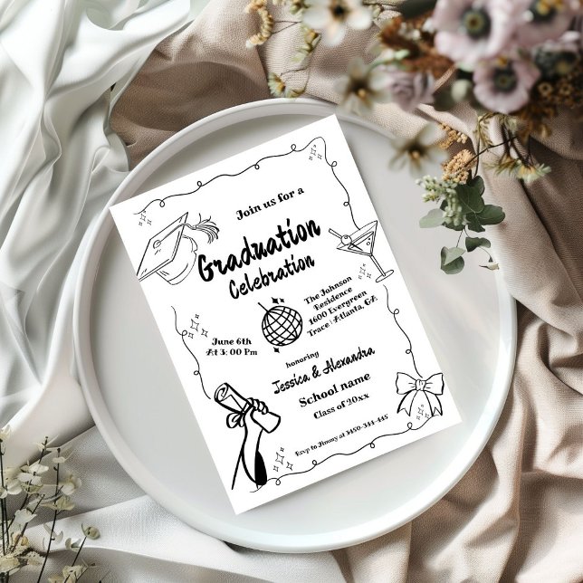 Doodle Style Hand drawn Twin Graduation  Invitation (Creator Uploaded)