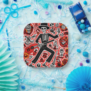 💀 Doodle style musician skeleton Día de Muertos Paper Plate