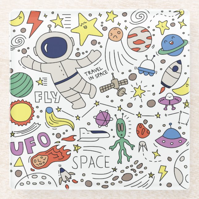 Doodle style, space theme illustration. glass coaster (Front)