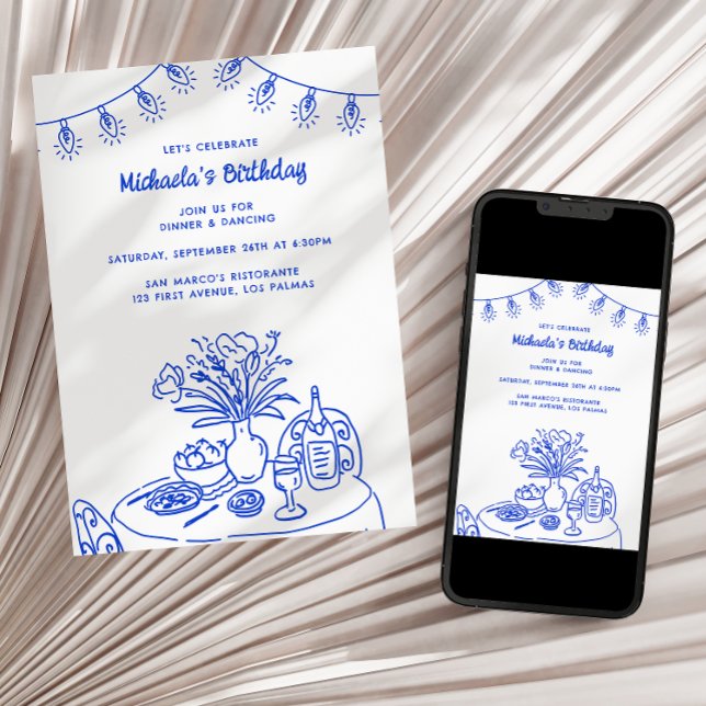 Doodle Table & String Light Adult's Birthday Party Invitation (Creator Uploaded)