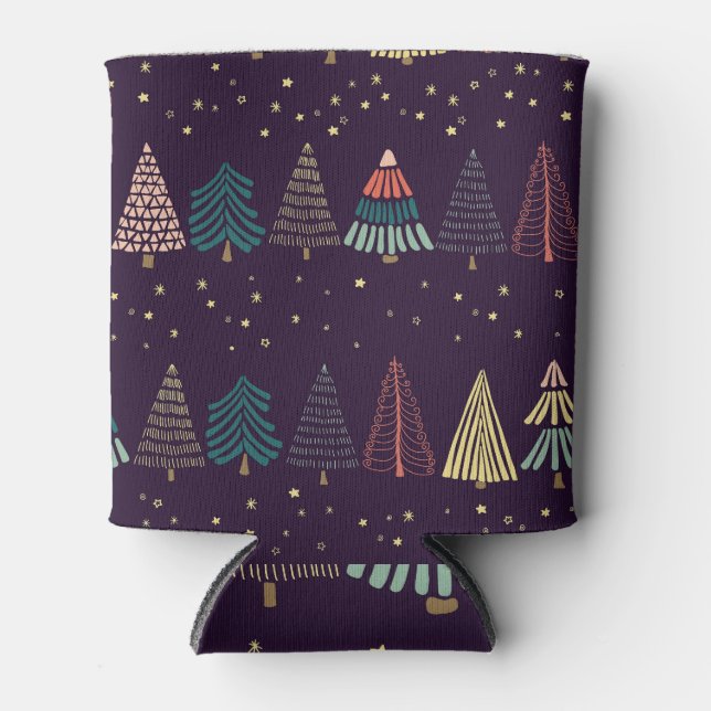 Doodle trees, stars, dark blue. can cooler (Front)