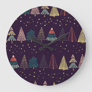 Doodle trees, stars, dark blue. large clock