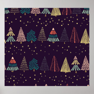 Doodle trees, stars, dark blue. poster