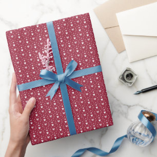 Doodle White Hearts Pattern, Red Wrapping Paper