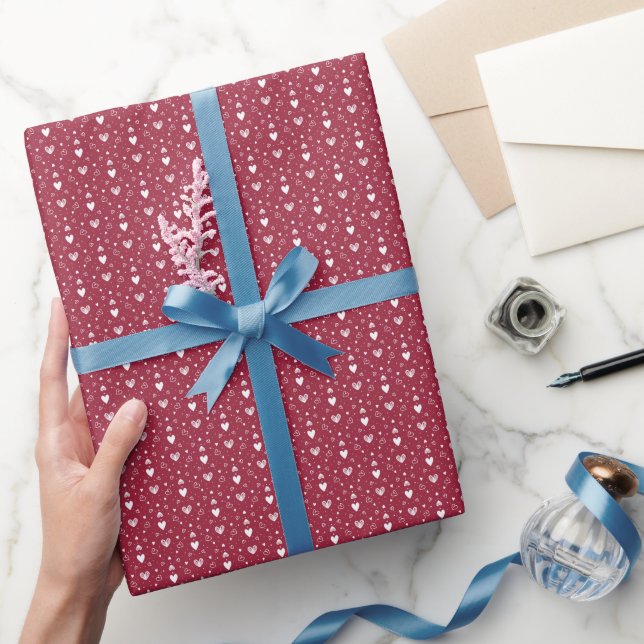 Doodle White Hearts Pattern, Red Wrapping Paper (Gifting)