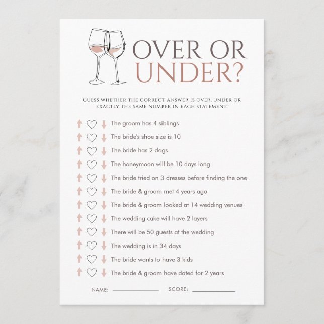 Doodle Wine Over or Under Bridal Shower Game Card (Front)
