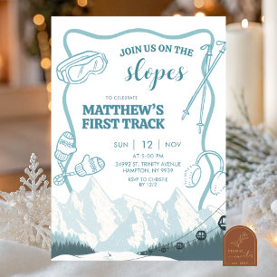 Doodle Winter Blue pastel Ski 1st birthday Invitation