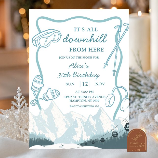 Doodle Winter Blue pastel Ski downhill birthday Invitation (Creator Uploaded)