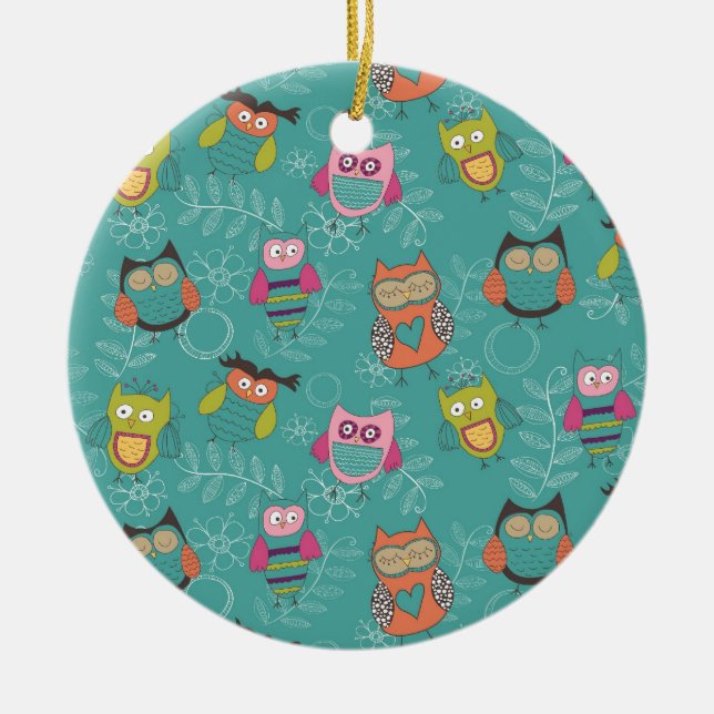 Doodled Owls on Teal Ceramic Ornament (Front)